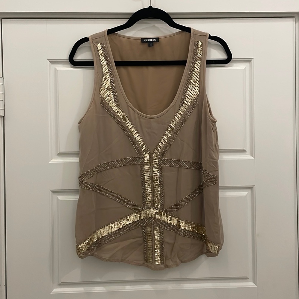 Express Tan and Gold Embellished Tank Top